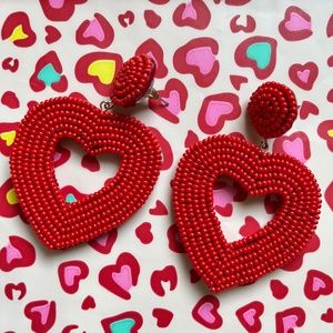 ARTISAN Red Seed Bead Disk and Heart Post Earrings
